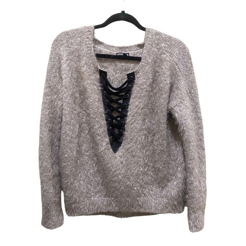 Express | Lace Up Tie Front Sweater, Size S | Dusty Mauve